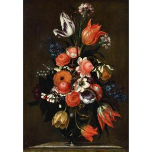 Bartolomeo Ligozzi  (1620 - 1695) - Bouquet De Fleurs Dans Un Vase En Verre.