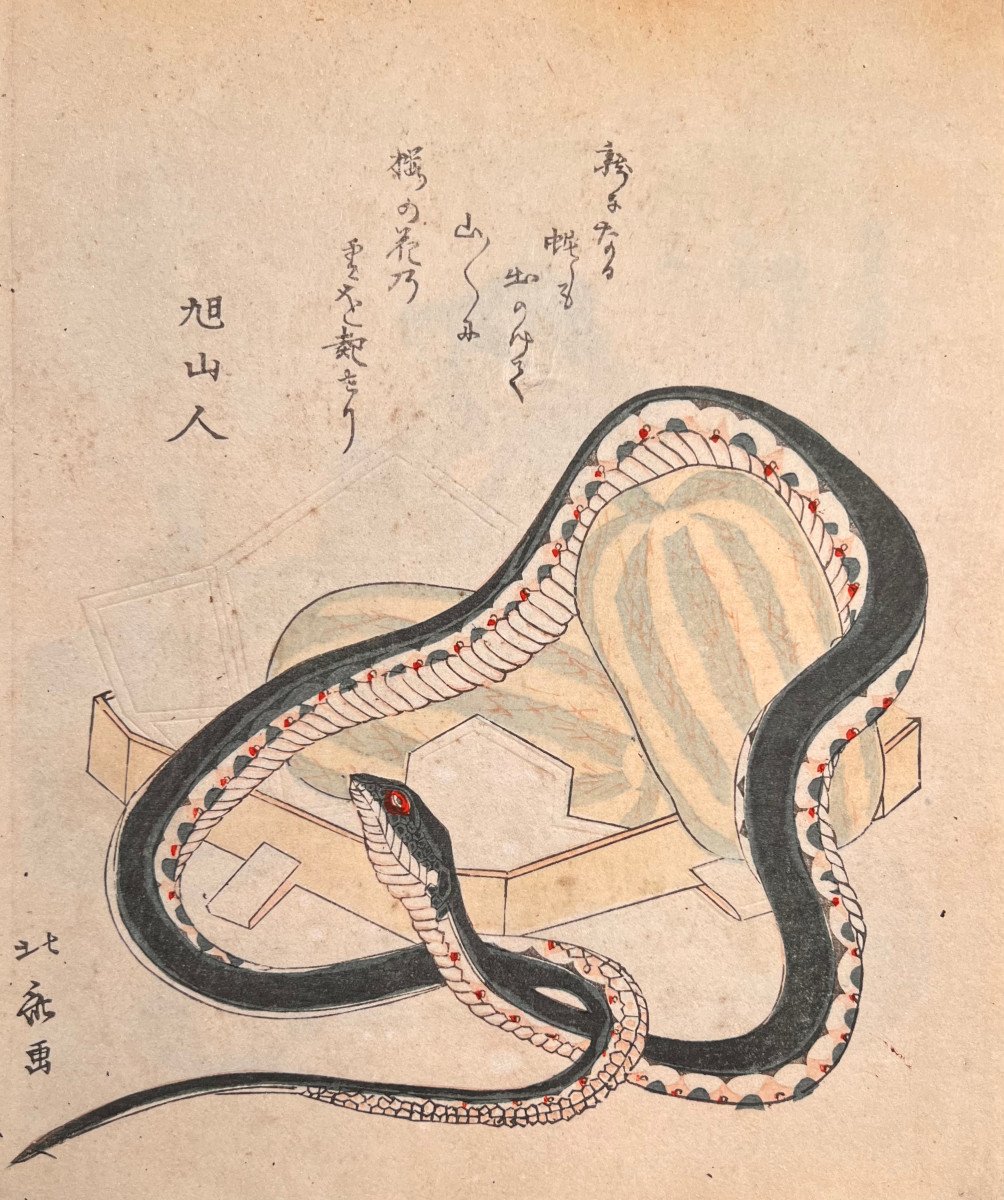 Japanese Print, Surimono From Hokkei: Snake And Melons Of Chomon-jû