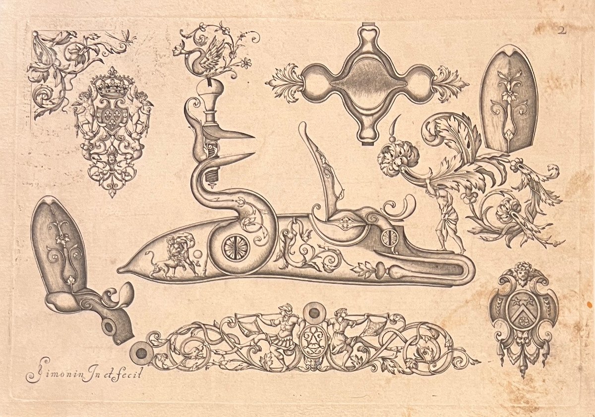 17th Century Engraving By Simonin: Ornaments For Firearms