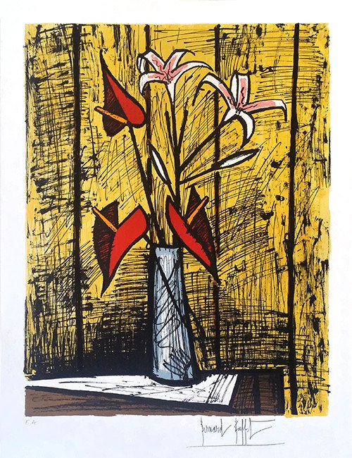 Signed Lithograph By Bernard Buffet: Anthuriums And Lilies