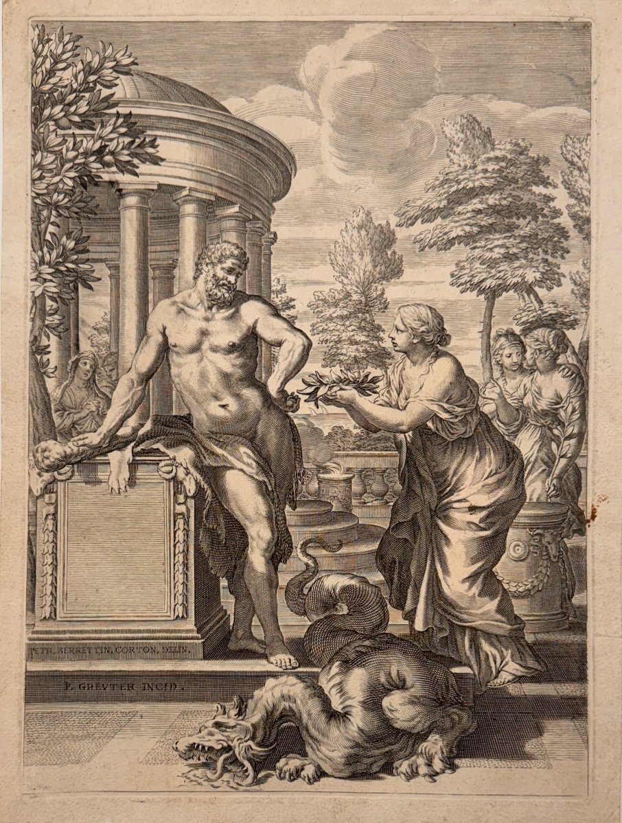 17th Century Print By Greuter: Hercules Having Killed The Dragon, Honoured By The Hesperides 
