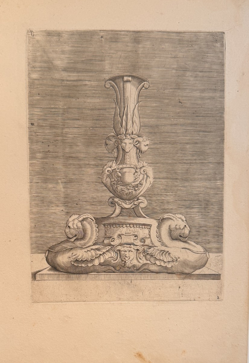 Gravure XVIé d'après Enea Vico : CHANDELIER AUX TETES DE BOUCS