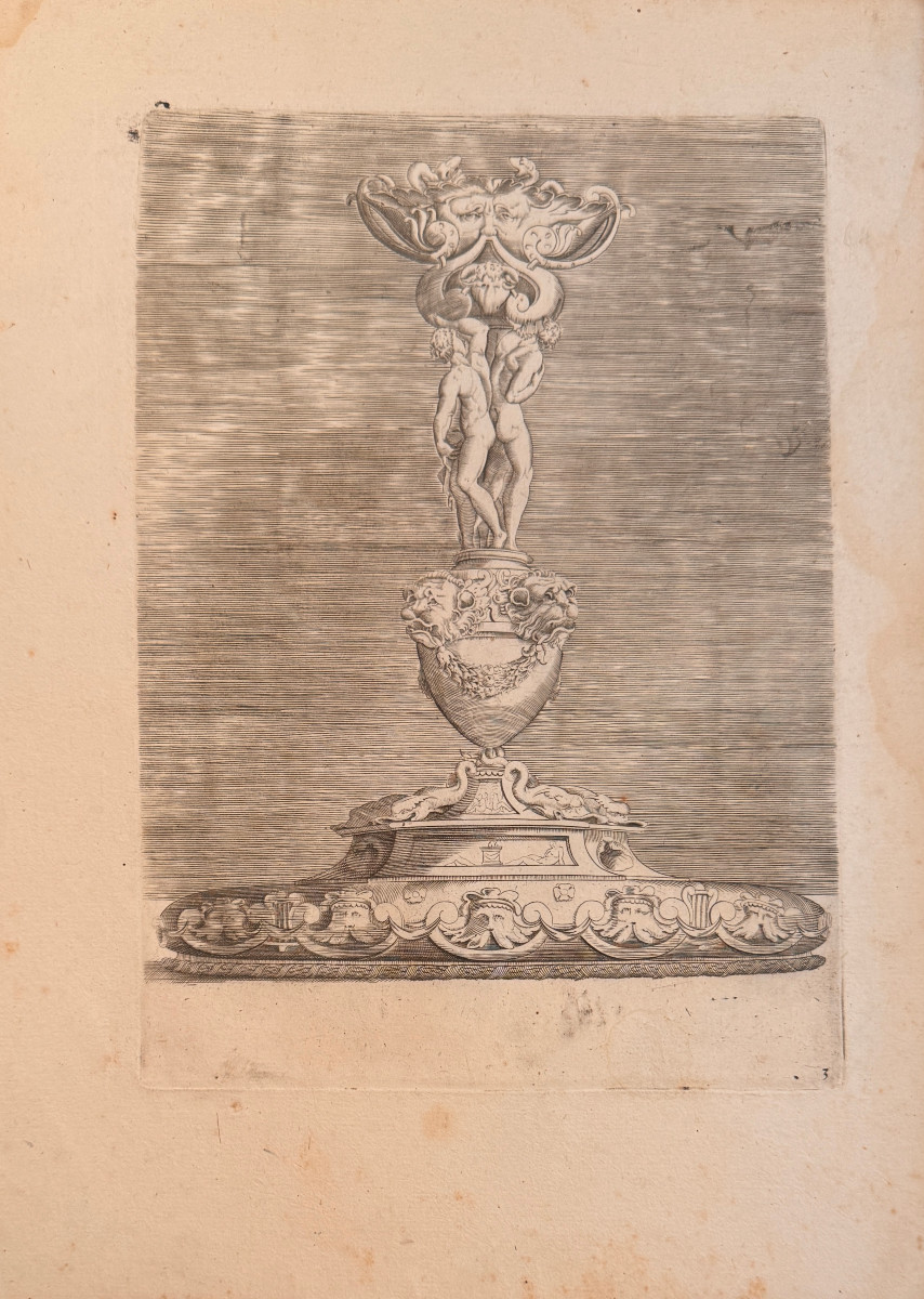 Gravure XVIé d'après Enea Vico : CHANDELIER AUX IGNUDI