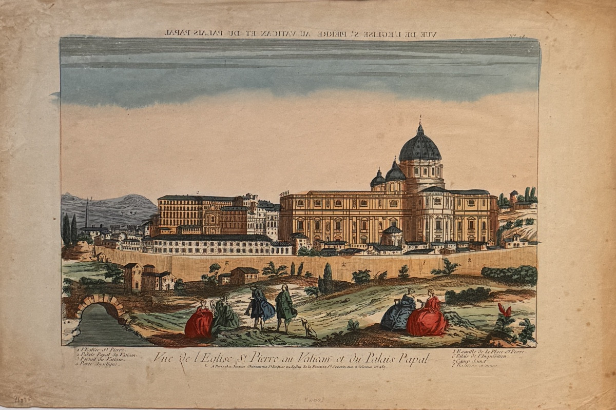 Vue d’optique XVIIIè : VUE DE L'EGLISE ST PIERRE AU VATICAN ET DU PALAIS PAPAL ( ROME )