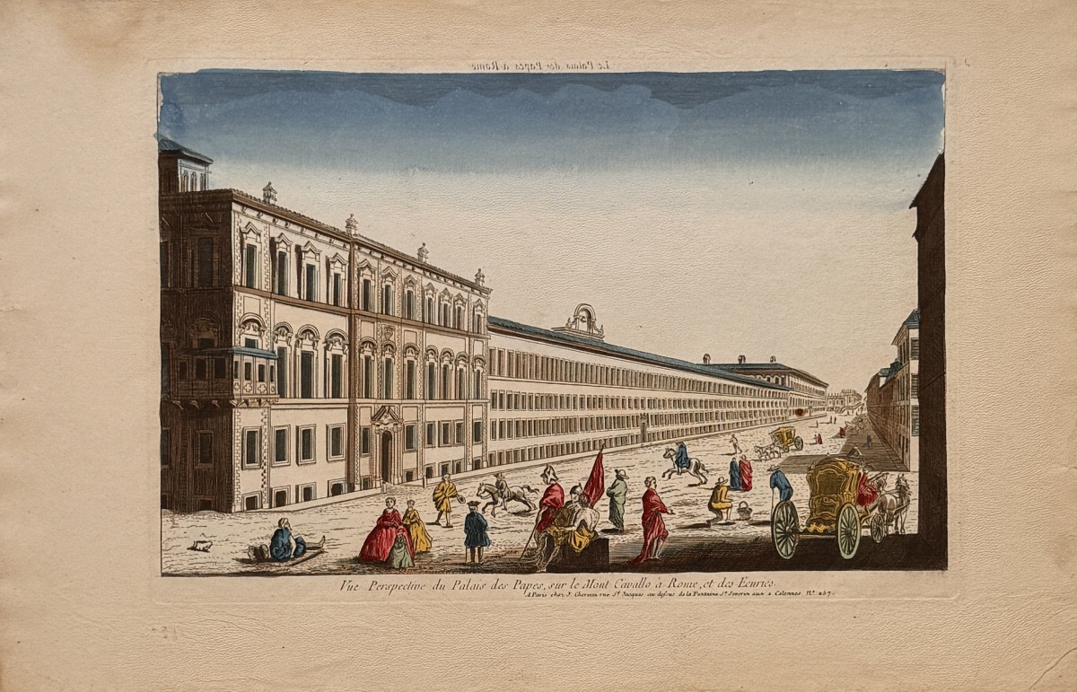 Vue d’optique XVIIIé:PERSPECTIVE DU PALAIS DES PAPES SUR LE MONT CAVALLO A ROME ET DES ECURIES 