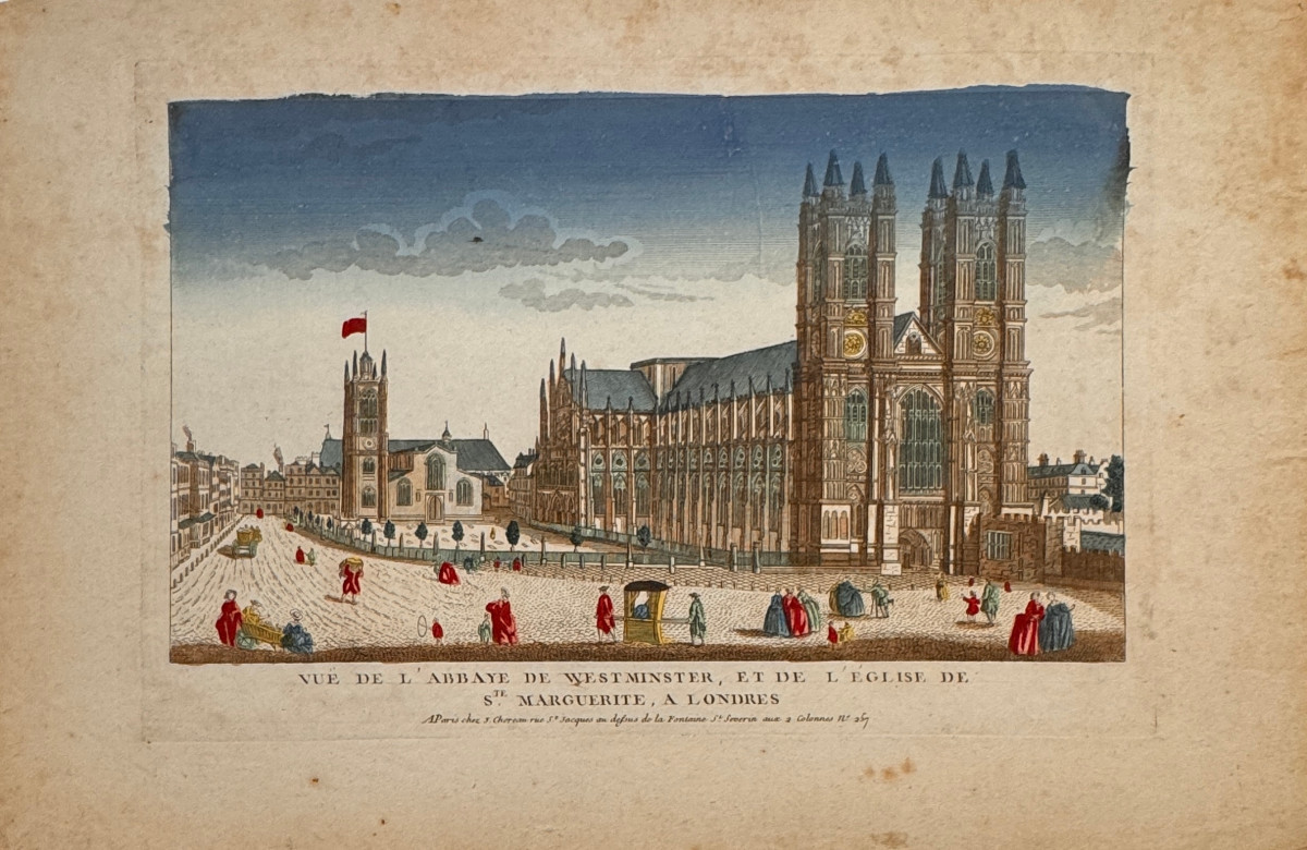 Vue d'optique XVIIIè :VUE DE L'ABBAYE DE WESTMINSTER ET DE L'EGLISE DE STE MARGUERITE A LONDRES