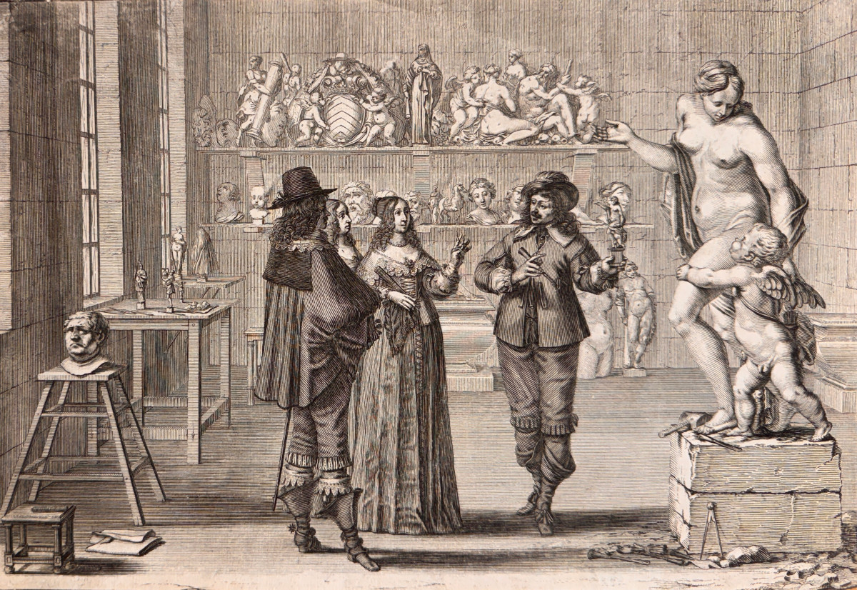 Gravure XVIIè d'Abraham Bosse : Le sculpteur dans son atelier