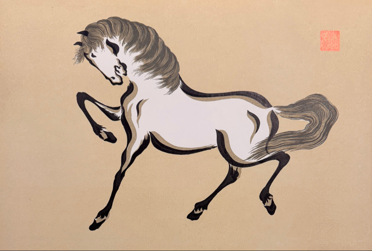 Japanese Print: Horse On A Beige Background