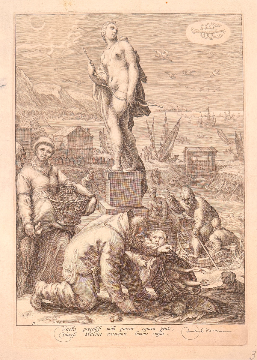 16th Century Engraving By Saenredam After Goltzius: Diane Presiding Over Navigation And Fishing