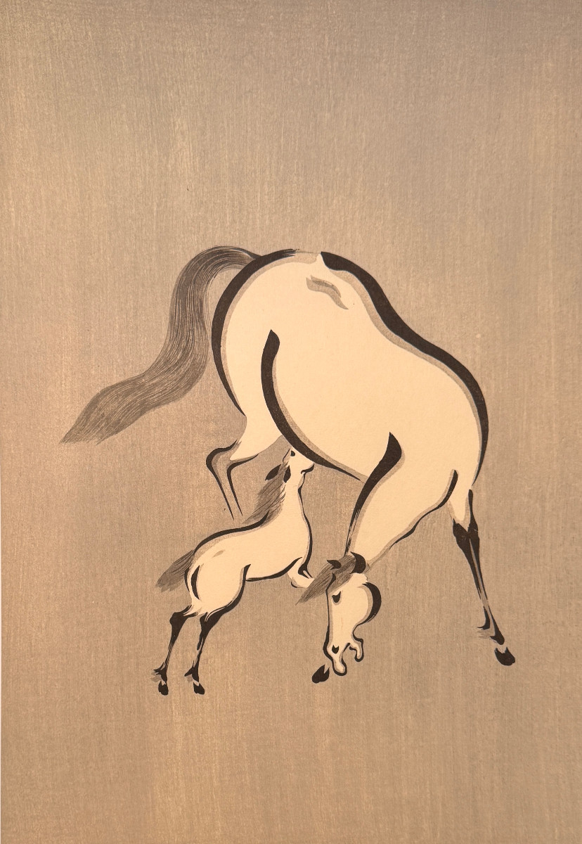 Japanese Woodblock Print Sosaku Hanga: Mare And Her Foal