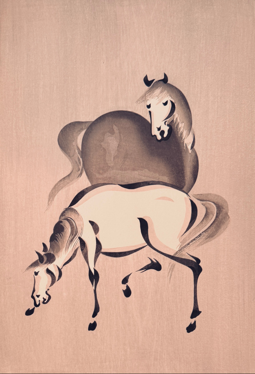 Estampe japonaise sosaku hanga : cheval gris et cheval blanc