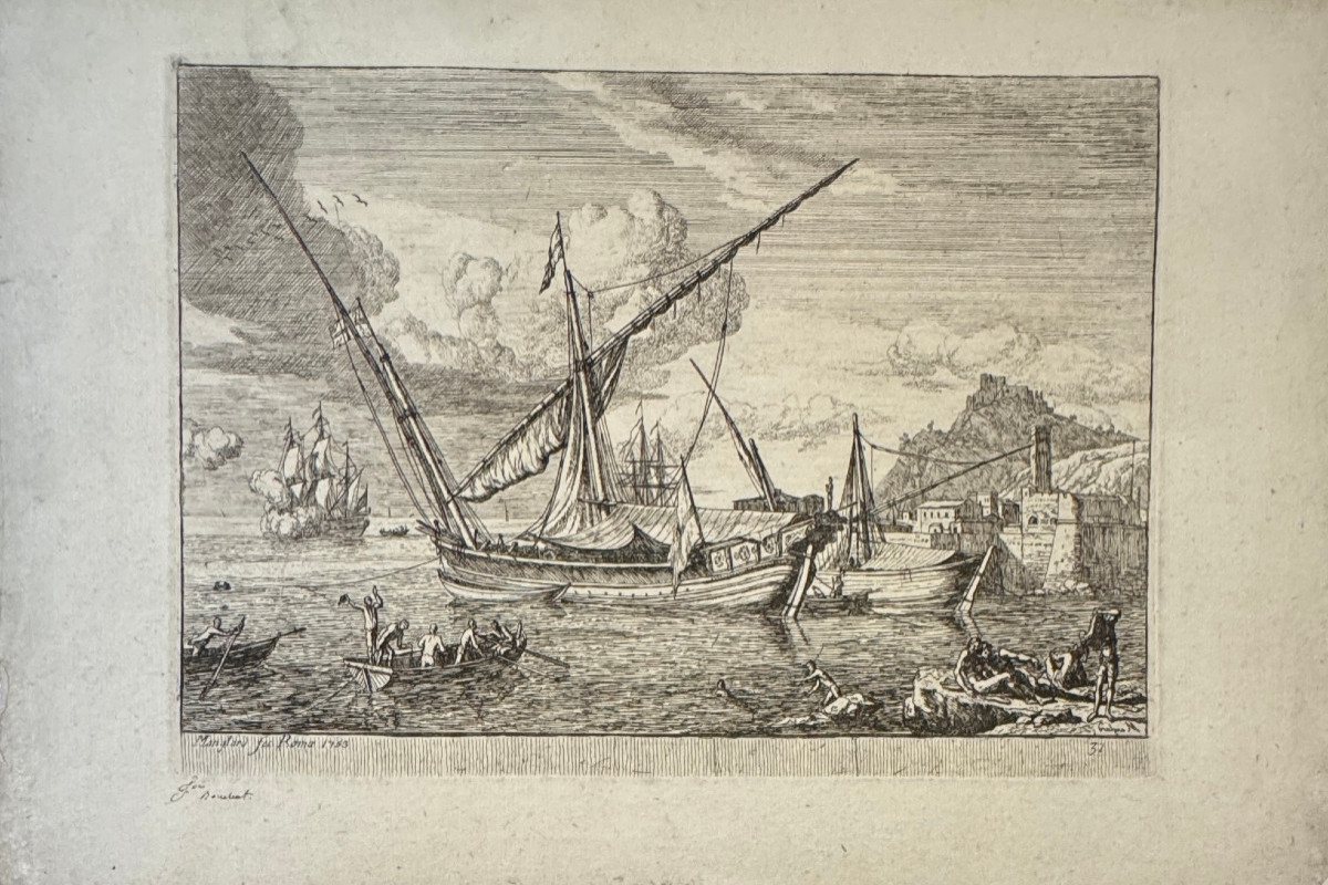Gravure XVIIIè de Manglard : Les baigneurs