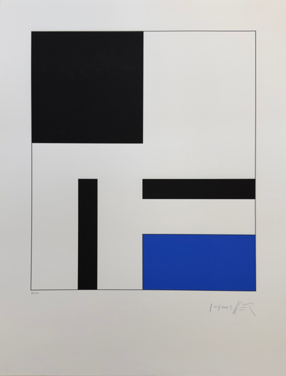 Sérigraphie de Honegger : TROIS ELEMENTS NOIRS, UN BLEU