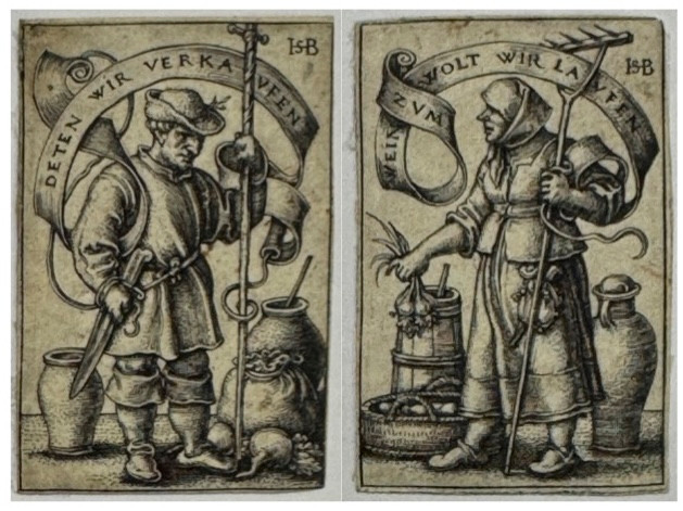Paire de gravures XVIè par Beham : LE MARCHAND - LA MARCHANDE