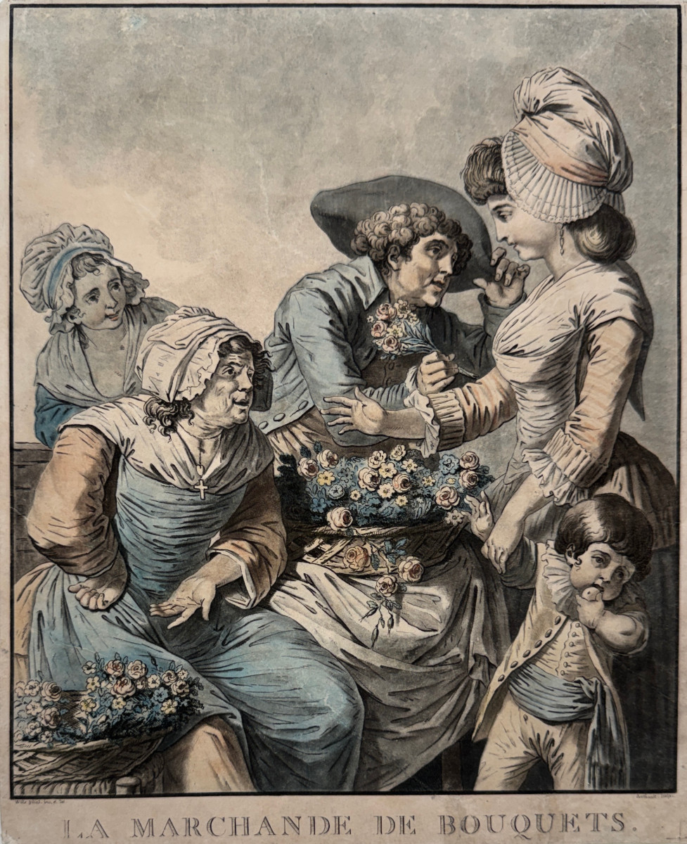 Pair Of 18th Century Engravings By Berthault: Le Marchand De Chanson - La Marchande De Bouquets
