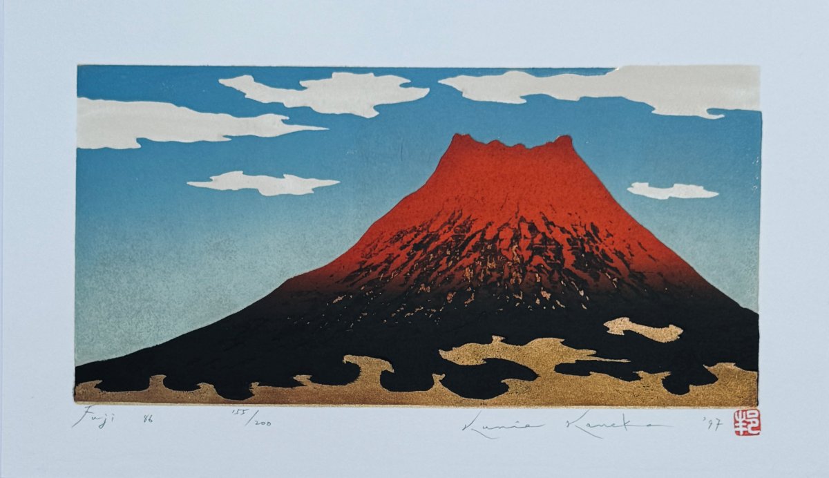 Estampe japonaise de KANEKO : FUJI ROUGE SUR CIEL BLEU