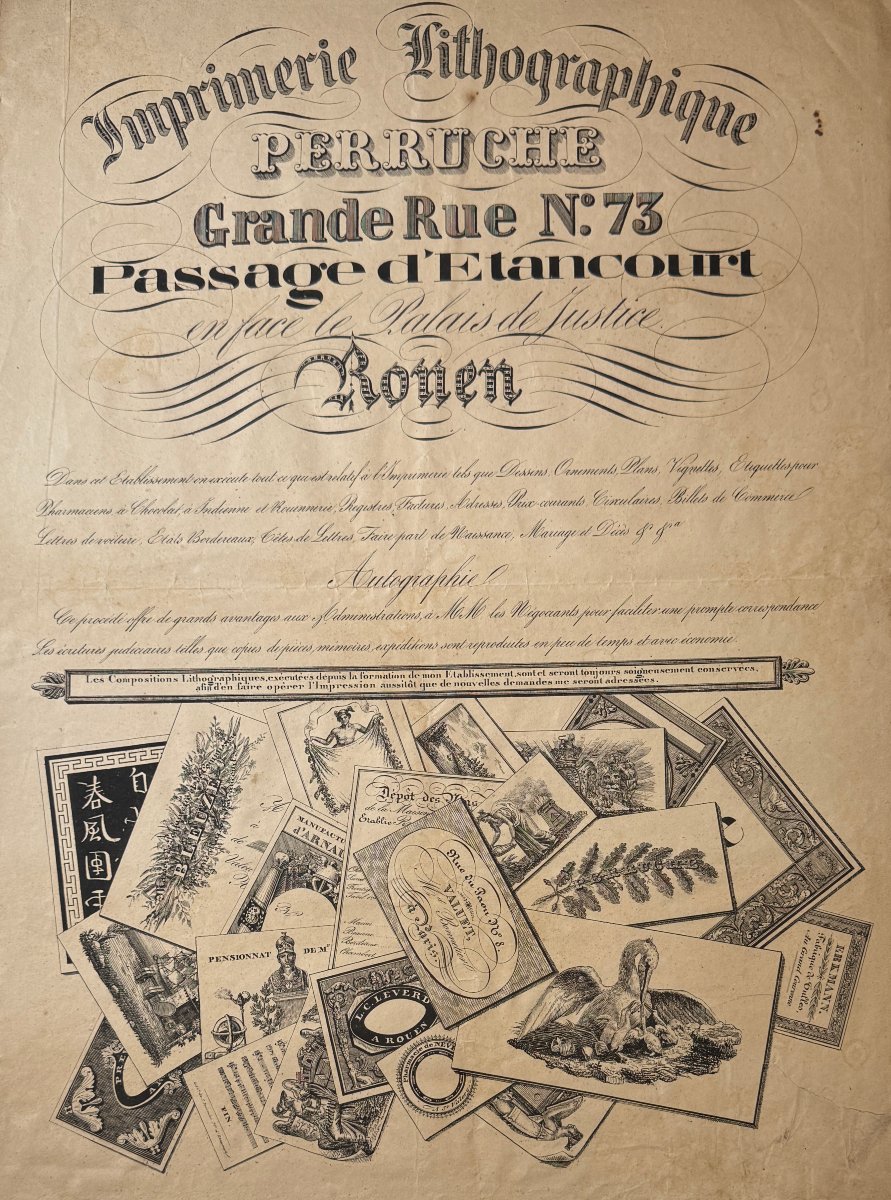 Affiche XIXè : IMPRIMERIE LITHOGRAPHIQUE PERRUCHE, ROUEN
