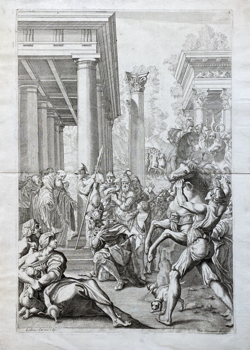 XVIIth Print After Carracci: Badvila Or Totila In Front Of Saint Benoit