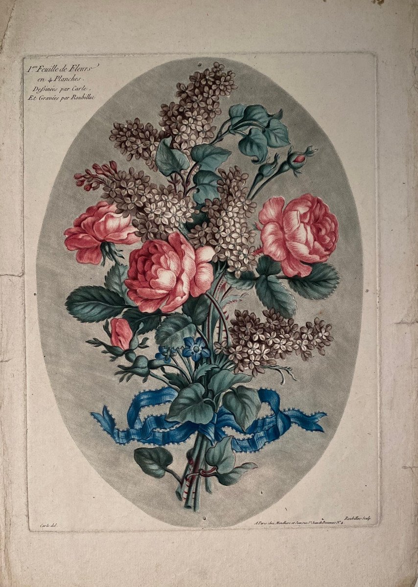 18th Century Color Printed Engraving By Roubillac: Bouquet Of Flowers