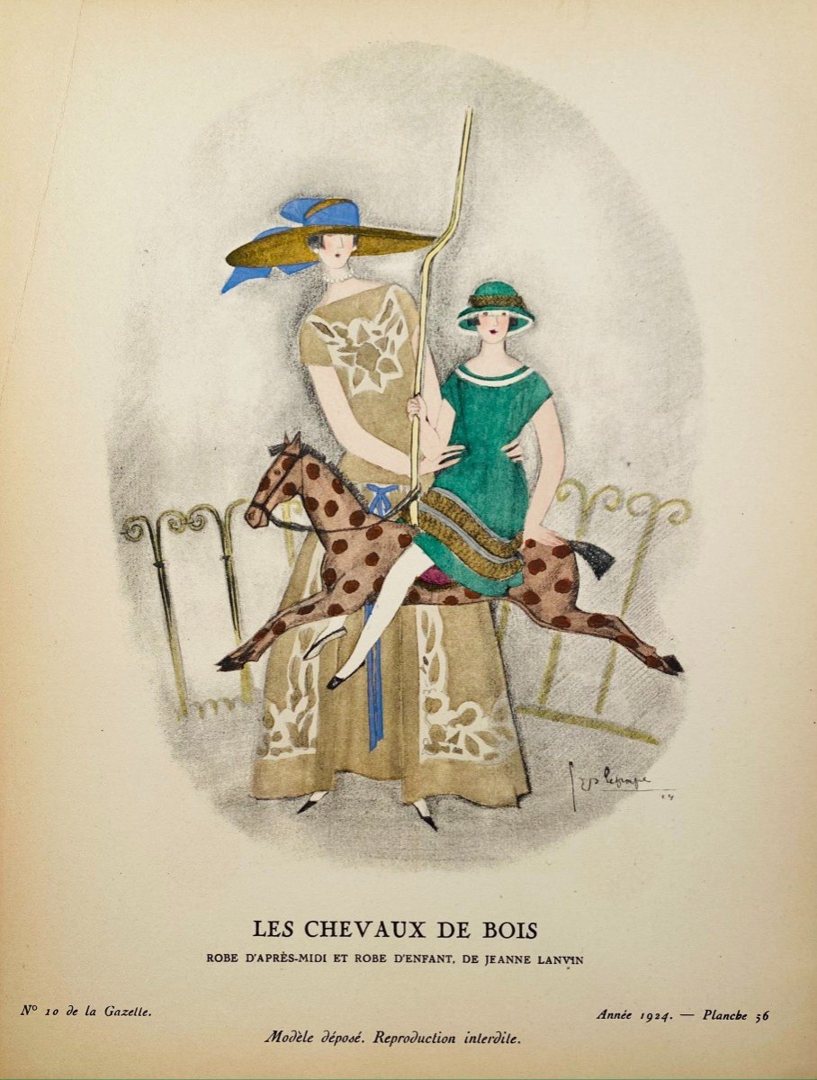 Pochoir De Lepape : Les Chevaux De Bois, Robe d'Apres-midi Et Robe d'Enfant, De Jeanne Lanvin