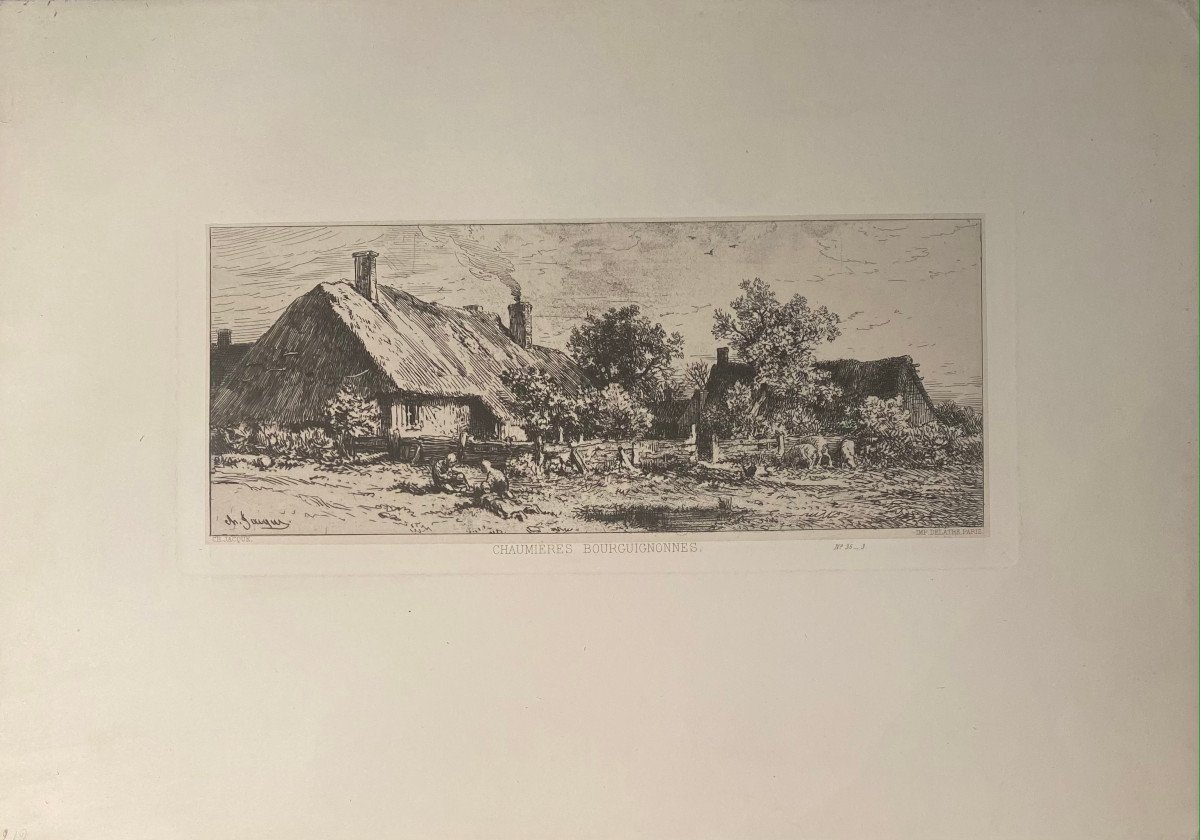 Etching By Charles Jacque: Chaumieres Bourguignonnes