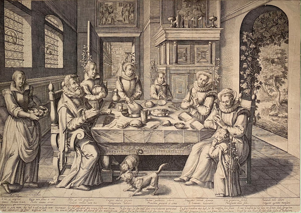 Early 17th Century Engraving By Baudous: Family In Front Of A Richly Dressed Table