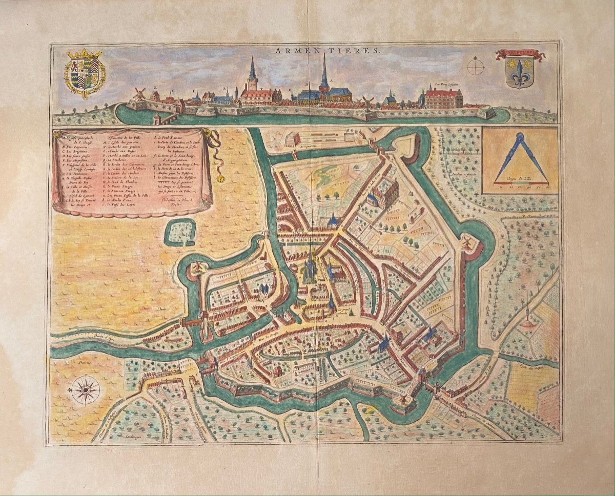 XVIIth Geographic Map Of Blaeu: Bird's Eye View Of The City Of Armentières