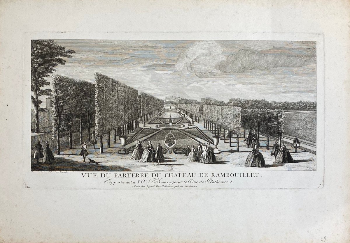 XVIIIth Engraving By Rigaud: View Of The Parterre Of Chateau De Rambouillet