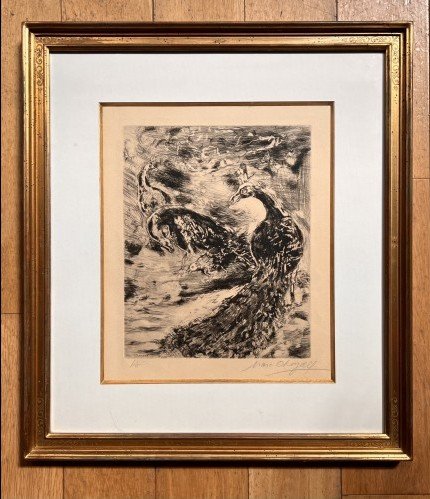 Original Etching By Chagall Signed: The Jay Pares The Feathers Of The Peacock-photo-1