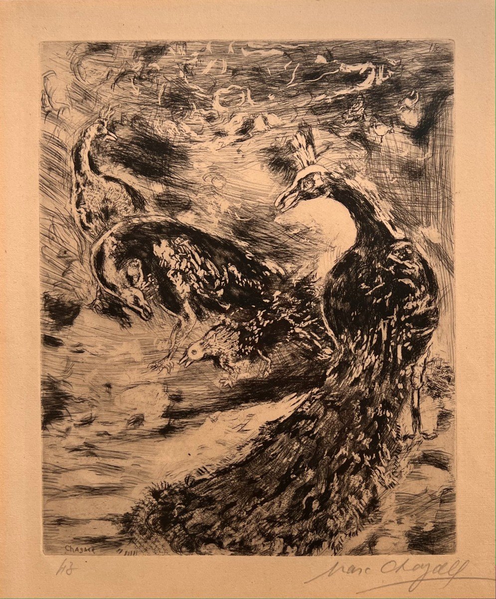 Original Etching By Chagall Signed: The Jay Pares The Feathers Of The Peacock