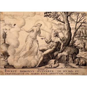 16th Century Engraving By Delaune: The Creation Of Adam