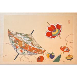 Japanese Print: Yusokugangu, The Spinning Tops