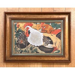 Framed Stencil By Manzana Pissarro: The Two Roosters And The Two Hens