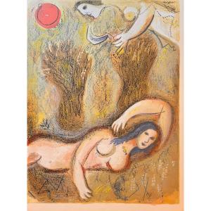 Lithographie Originale De Marc Chagall :  Booz Se Reveille Et Voit Ruth