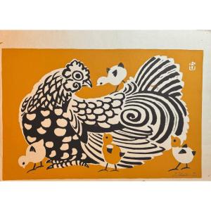 Japanese Print By Tokuriki: Hen And Her Chicks