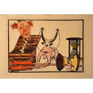 Gravure Sur Bois De Prosper Alphonse Isaac  : Jouets Et Sablier