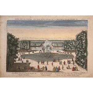 Vue d'optique XVIIIè:LE GRAND BASSIN D'APOLLON ET LE GRAND CANAL DANS LES JARDINS DE VERSAILLES