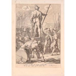 Gravure XVIè de  SAENREDAM d'apès GOLTZIUS : MARS PRESIDANT A LA GUERRE ET AUX SOLDATS