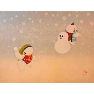 Estampe japonaise de YAMAOKA : POUPEES KYO WARABE MASABI