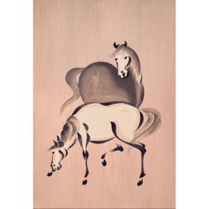Estampe japonaise sosaku hanga : cheval gris et cheval blanc