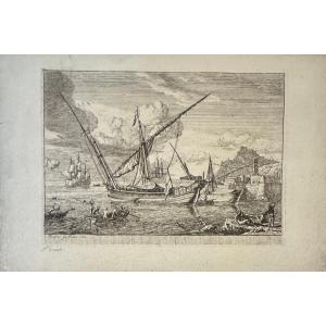 Gravure XVIIIè de Manglard : Les baigneurs