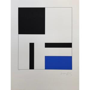 Sérigraphie de Honegger : TROIS ELEMENTS NOIRS, UN BLEU