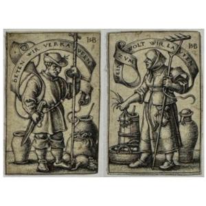 Paire de gravures XVIè par Beham : LE MARCHAND - LA MARCHANDE