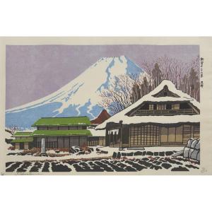 Estampe japonaise de Tokuriki : NEIGE SUR OSHINO ET MONT FUJI