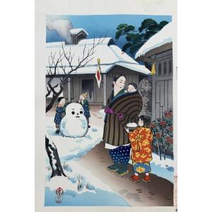 Estampe japonaise de MAMORU : LE BONHOMME DE NEIGE