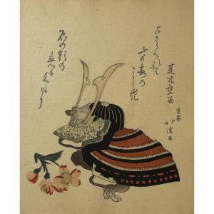 Japanese Print, A Surimono By Hokkei: Samurai Helmet, Kabuto, And Azalea