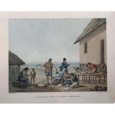 Paire De Gravures En Couleurs Encadrées Vues Exotiques Des Ile De Guam Et Timor