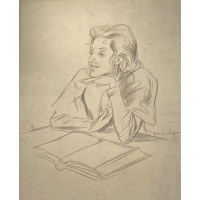 Drawing By Jeanniot: Young Girl Reading