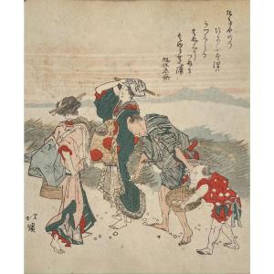 Japanese Print, Surimono From Hokkei: Seashell Gatherers, Kaizukushi