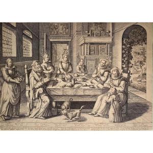 Early 17th Century Engraving By Baudous: Family In Front Of A Richly Dressed Table